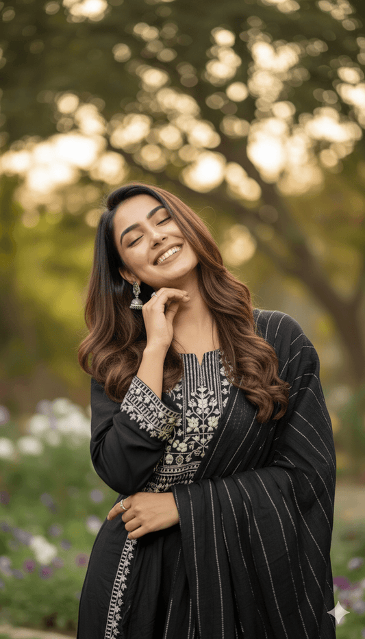 Black Embroidered Kurti Pant Dupatta Set for Women | Premium Festive Traditional Ethnic Wear