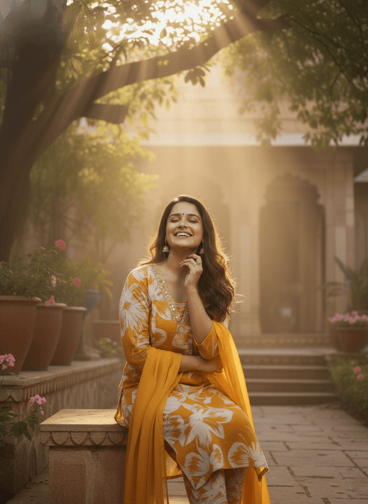 Mustard Floral Printed Cotton Kurti for Women | Elegant Traditional Daily Wear Kurta - Mustard Floral Kurti - Breakup Clothes