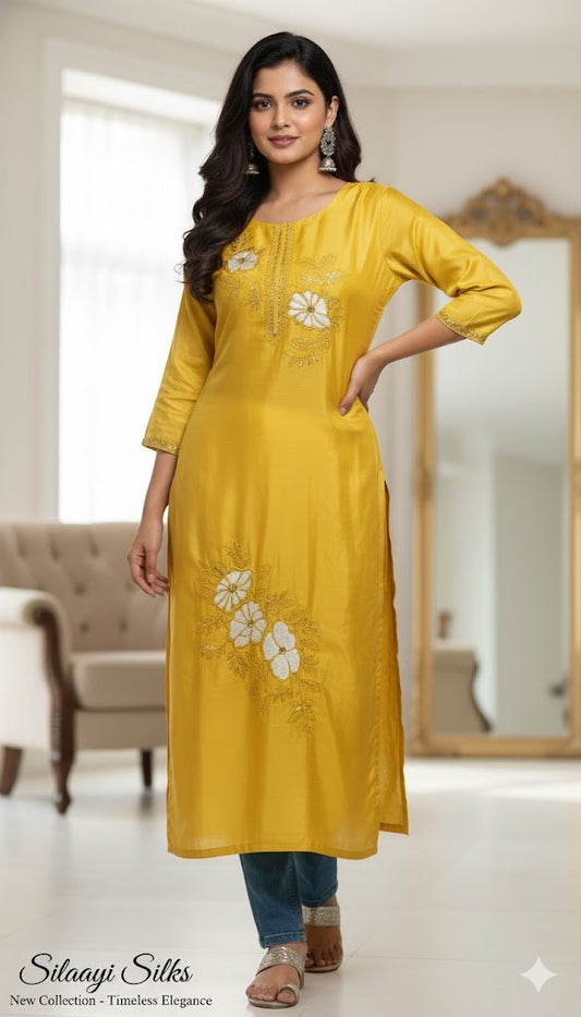 Mustard Floral Printed Cotton Kurti for Women | Stylish Daily Wear Long Straight Kurta - Mustard Kurti - Breakup Clothes