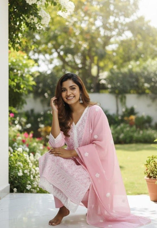 Pink Embroidered Kurti Pant Dupatta Set for Women | Elegant Pastel Traditional Ethnic Wear - pink kurti set - Breakup Clothes