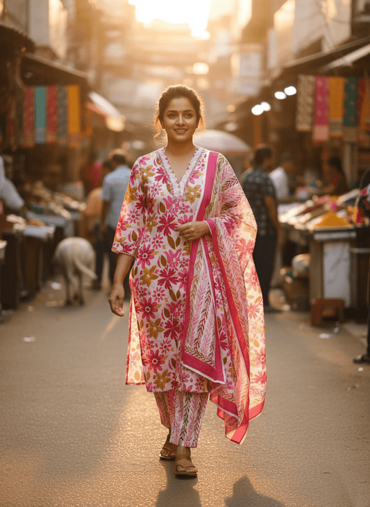Pink Floral Printed Kurti Pant Dupatta Set for Women | Elegant Cotton Daily & Festive Ethnic Wear - Pink Floral Kurti - Breakup Clothes