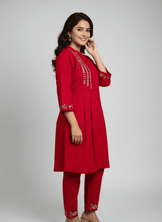 Red Embroidered Kurti Set for Women | Festive A - Line Cotton Ethnic Wear - Breakup Clothes