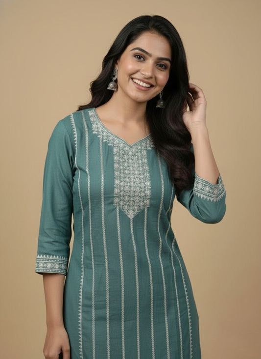 Teal Embroidered Cotton Kurti for Women | Elegant Daily & Office Wear - teal kurti - Breakup Clothes