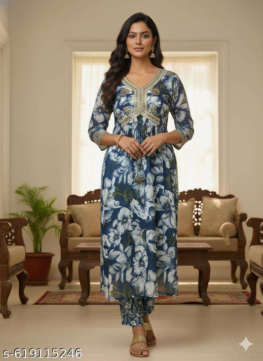 Emerald Blue Leaf Print Kurti