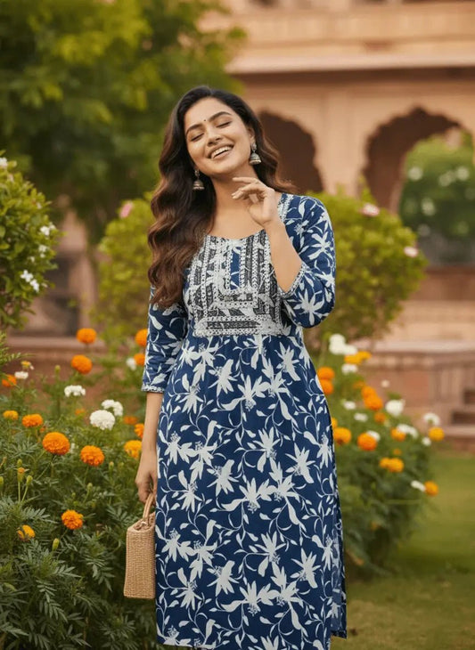 Women's Blue Floral Printed Rayon Kurti | Stylish Kurta with Neck Embroidery | Casual Kurti for Women - Women's Kurti - Breakup Clothes