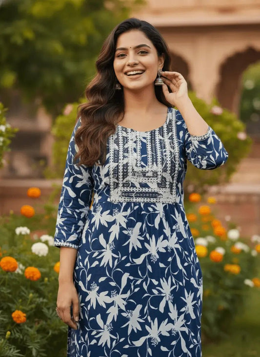 Women's Blue Floral Printed Rayon Kurti | Stylish Kurta with Neck Embroidery | Casual Kurti for Women - Women's Kurti - Breakup Clothes