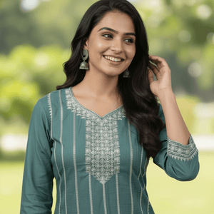 Teal Embroidered Cotton Kurti for Women | Elegant Traditional Daily Wear Kurta