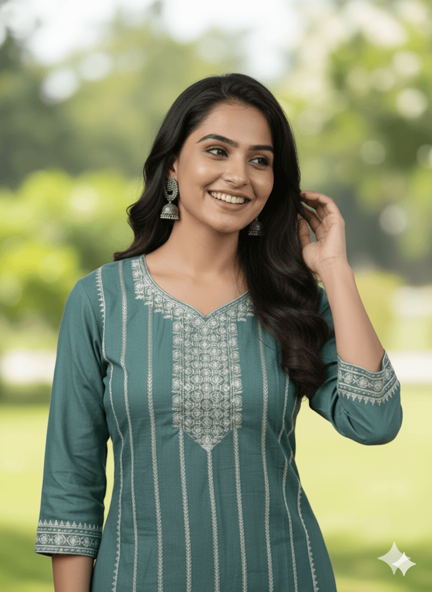Teal Embroidered Cotton Kurti for Women | Elegant Traditional Daily Wear Kurta
