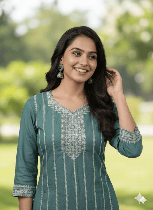 Teal Embroidered Cotton Kurti for Women | Elegant Traditional Daily Wear Kurta