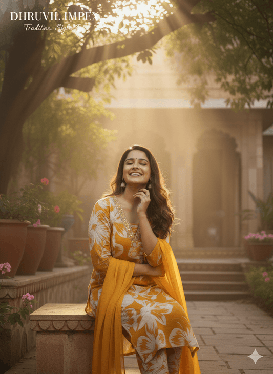 Mustard Floral Printed Cotton Kurti for Women | Elegant Traditional Daily Wear Kurta