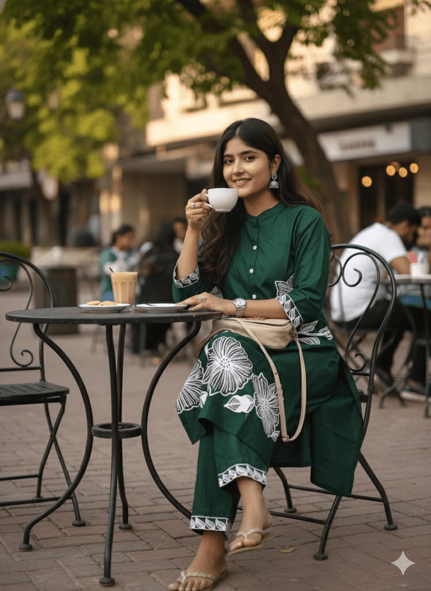 Elegant Women's Rayon Kurti Set with Embroidery - Dark Green