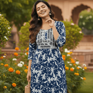 Women's Blue Floral Printed Rayon Kurti | Stylish Kurta with Neck Embroidery | Casual Kurti for Women