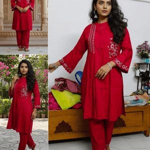 Red Embroidered Kurti Set for Women | Festive A-Line Cotton Ethnic Wear