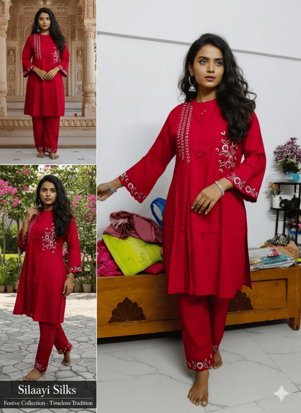 Red Embroidered Kurti Set for Women | Festive A-Line Cotton Ethnic Wear