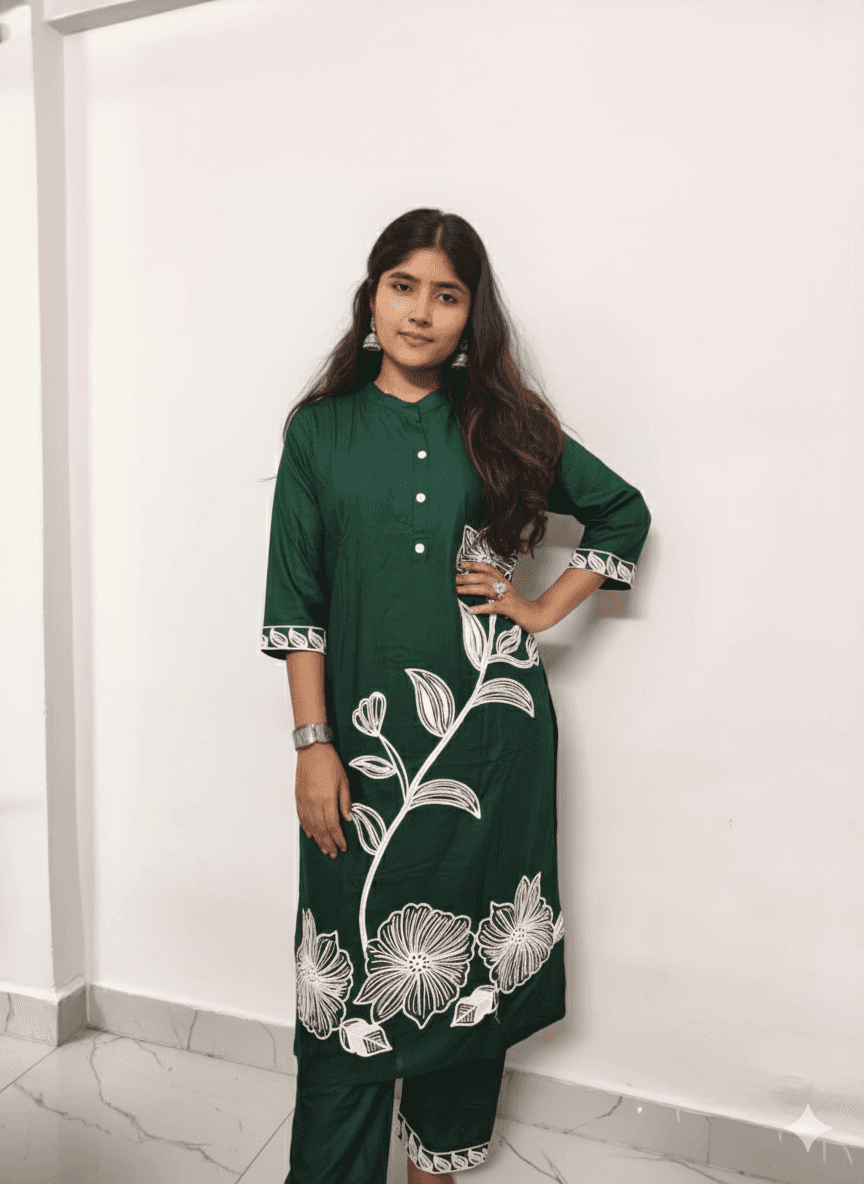 Elegant Women's Rayon Kurti Set with Embroidery - Dark Green