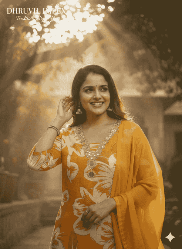 Mustard Floral Printed Cotton Kurti for Women | Elegant Traditional Daily Wear Kurta