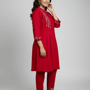 Red Embroidered Kurti Set for Women | Festive A-Line Cotton Ethnic Wear