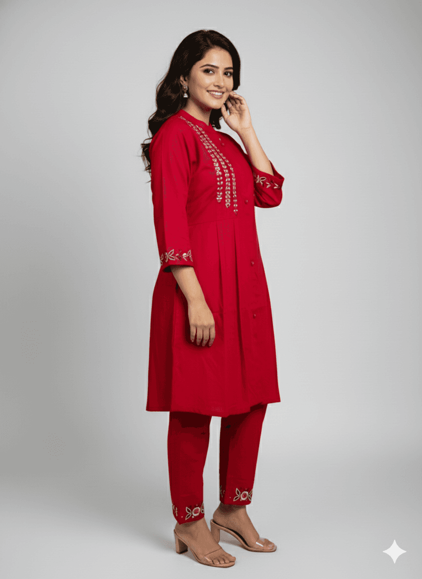 Red Embroidered Kurti Set for Women | Festive A-Line Cotton Ethnic Wear