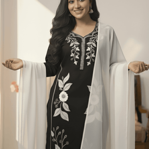 Pink Embroidered Kurti Pant Dupatta Set for Women | Elegant Floral Design Ethnic Wear