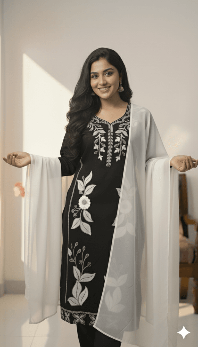 Pink Embroidered Kurti Pant Dupatta Set for Women | Elegant Floral Design Ethnic Wear