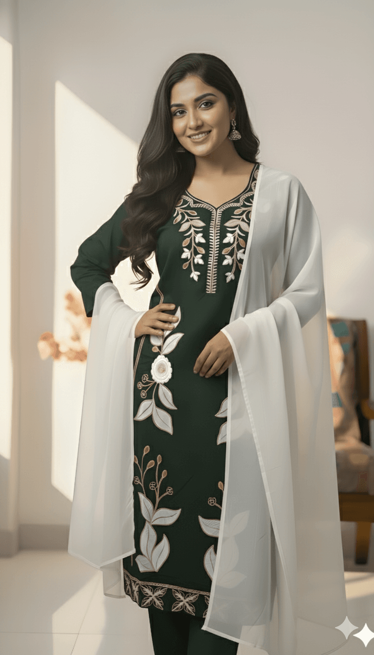 Pink Embroidered Kurti Pant Dupatta Set for Women | Elegant Floral Design Ethnic Wear