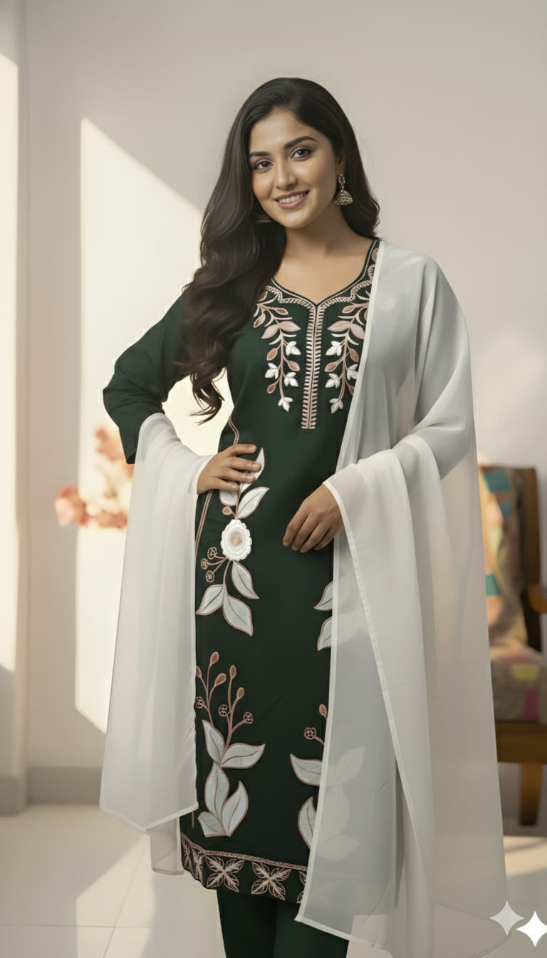 Pink Embroidered Kurti Pant Dupatta Set for Women | Elegant Floral Design Ethnic Wear