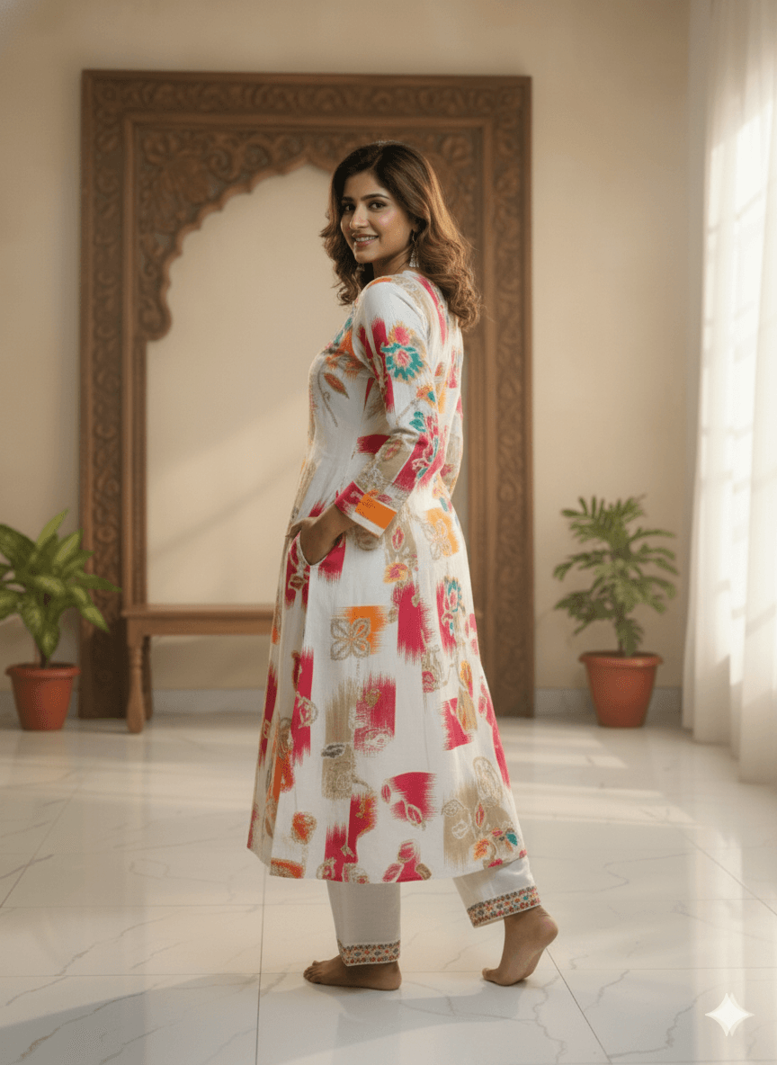 Cotton A-Line Kurti Pant Set in white with vibrant floral prints, ideal for festive and daily wear. Features long sleeves and ankle-length pants.