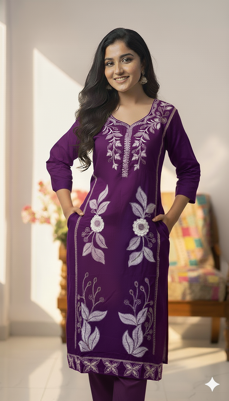 Pink Embroidered Kurti Pant Dupatta Set for Women | Elegant Floral Design Ethnic Wear