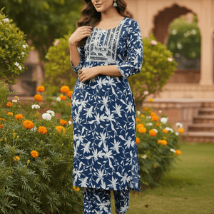 Women's Blue Floral Printed Rayon Kurti | Stylish Kurta with Neck Embroidery | Casual Kurti for Women
