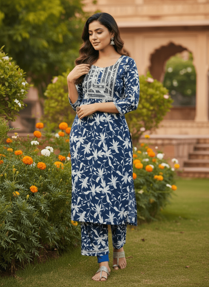 Women's Blue Floral Printed Rayon Kurti | Stylish Kurta with Neck Embroidery | Casual Kurti for Women