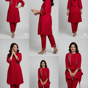 Red Embroidered Kurti Set for Women | Festive A-Line Cotton Ethnic Wear