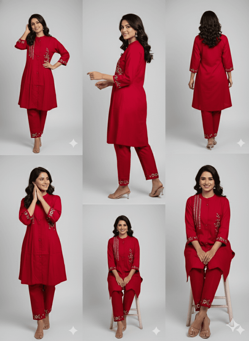 Red Embroidered Kurti Set for Women | Festive A-Line Cotton Ethnic Wear