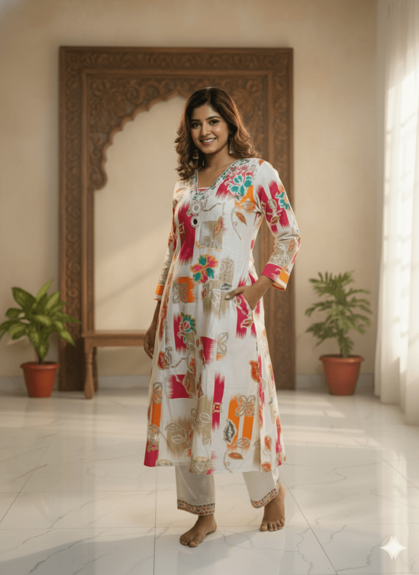 Multicolor Floral Printed Kurti for Women | Embellished Neck Designer Cotton Kurta