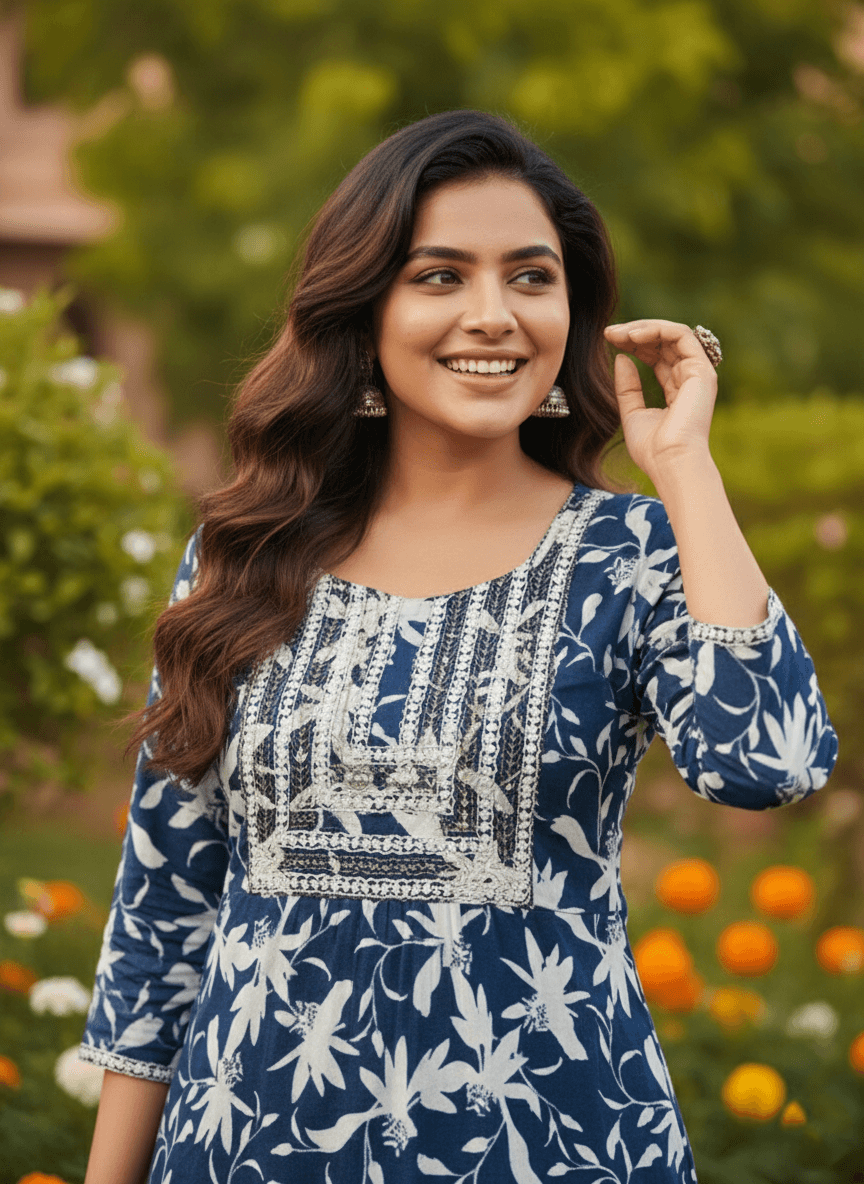 Women's Blue Floral Printed Rayon Kurti | Stylish Kurta with Neck Embroidery | Casual Kurti for Women