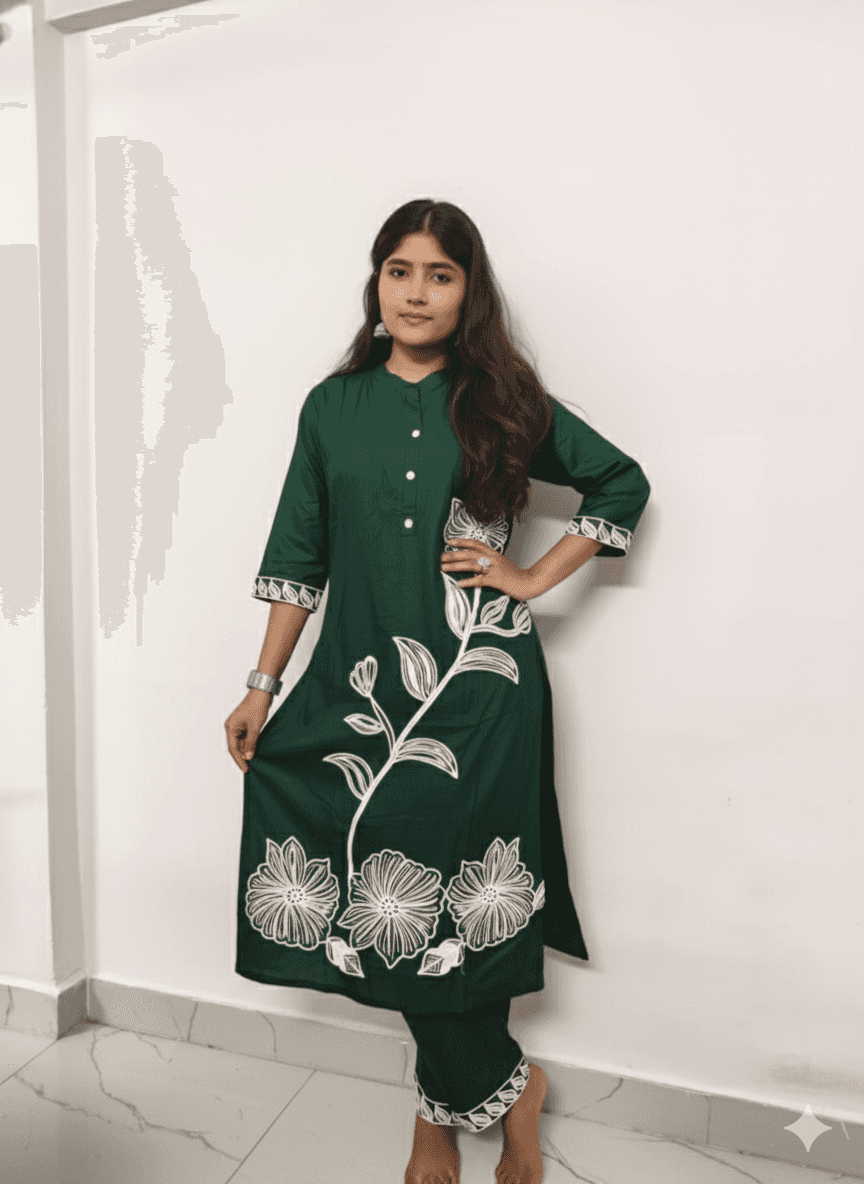 Elegant Women's Rayon Kurti Set with Embroidery - Dark Green