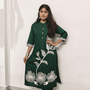Elegant Women's Rayon Kurti Set with Embroidery - Dark Green