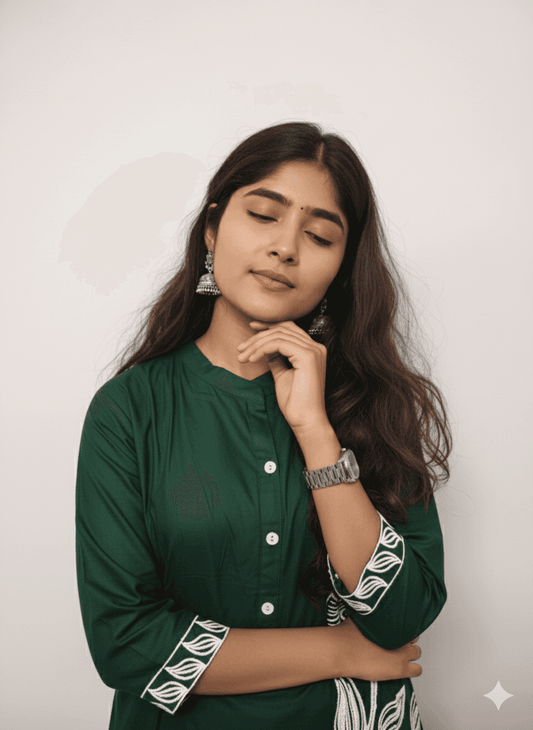 Elegant Women's Rayon Kurti Set with Embroidery - Dark Green