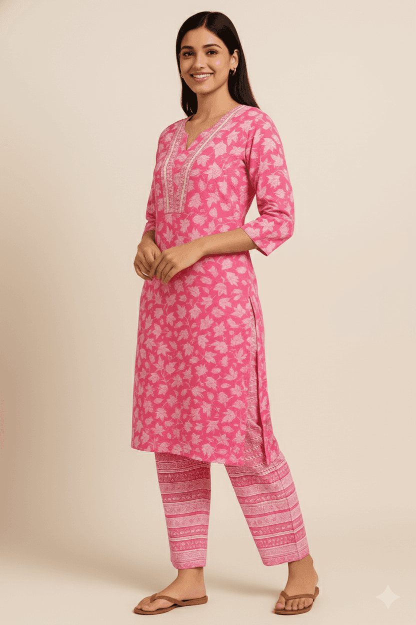 Shop Pink Cotton Kurti Pants Set: Stylish & Comfortable Outfit