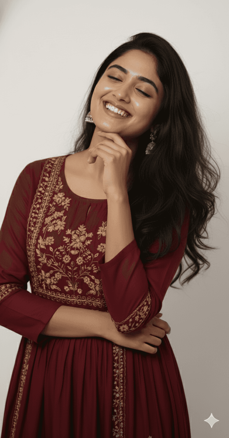 White Naira cut Flare Kurt set with pants Flower Embroidery