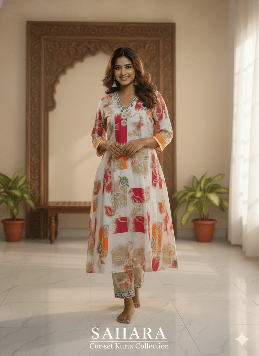 Multicolor Floral Printed Kurti for Women | Embellished Neck Designer Cotton Kurta