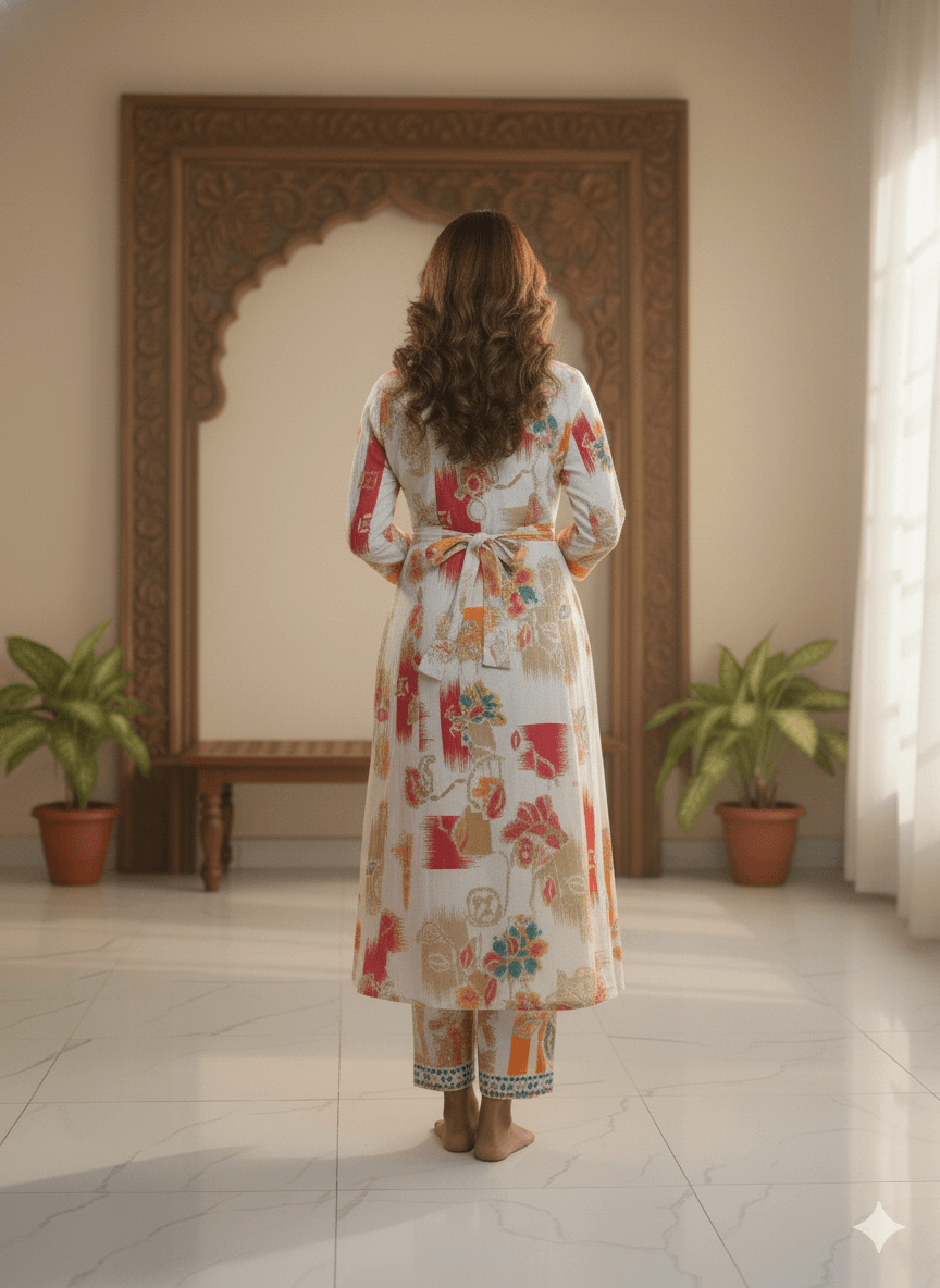 Multicolor Floral Printed Kurti for Women | Embellished Neck Designer Cotton Kurta