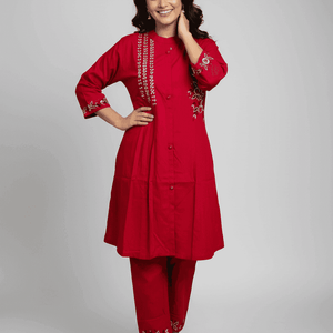 Red Embroidered Kurti Set for Women | Festive A-Line Cotton Ethnic Wear