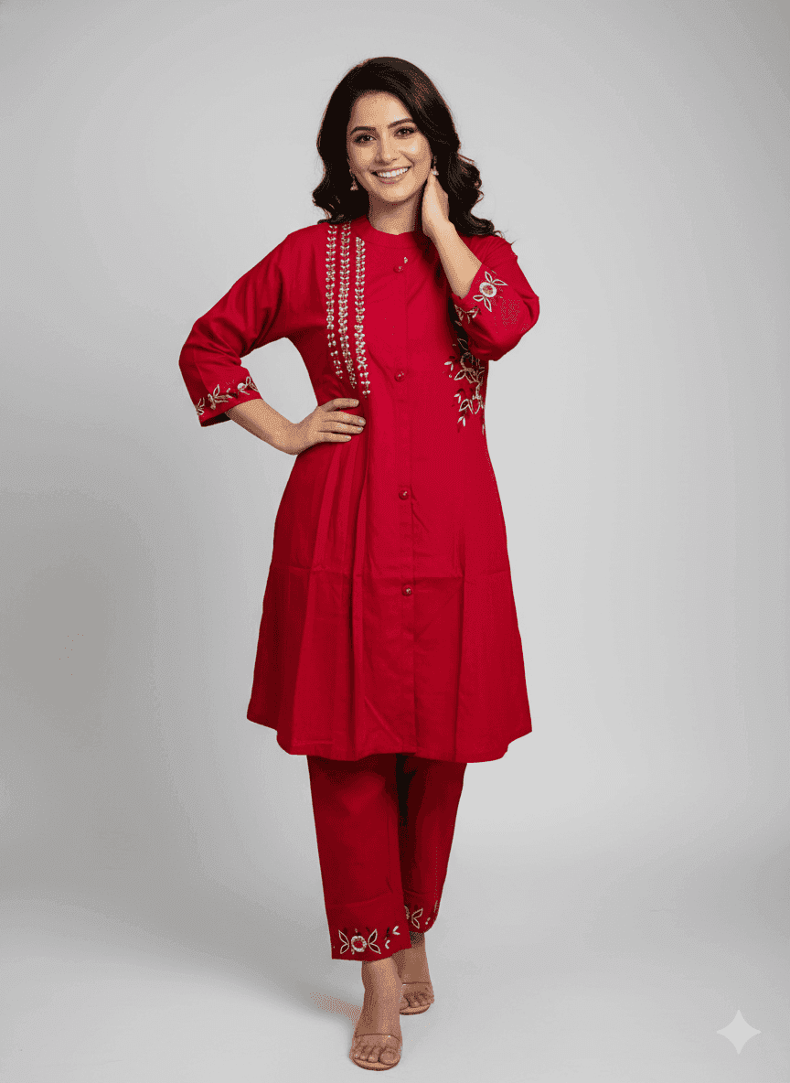 Red Embroidered Kurti Set for Women | Festive A-Line Cotton Ethnic Wear