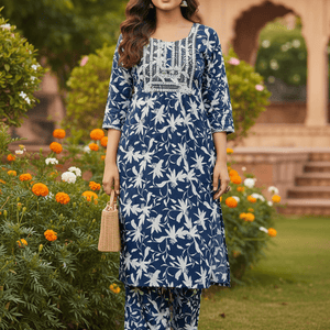 Women's Blue Floral Printed Rayon Kurti | Stylish Kurta with Neck Embroidery | Casual Kurti for Women