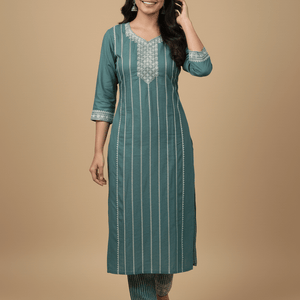 Teal Embroidered Cotton Kurti for Women | Elegant Traditional Daily Wear Kurta