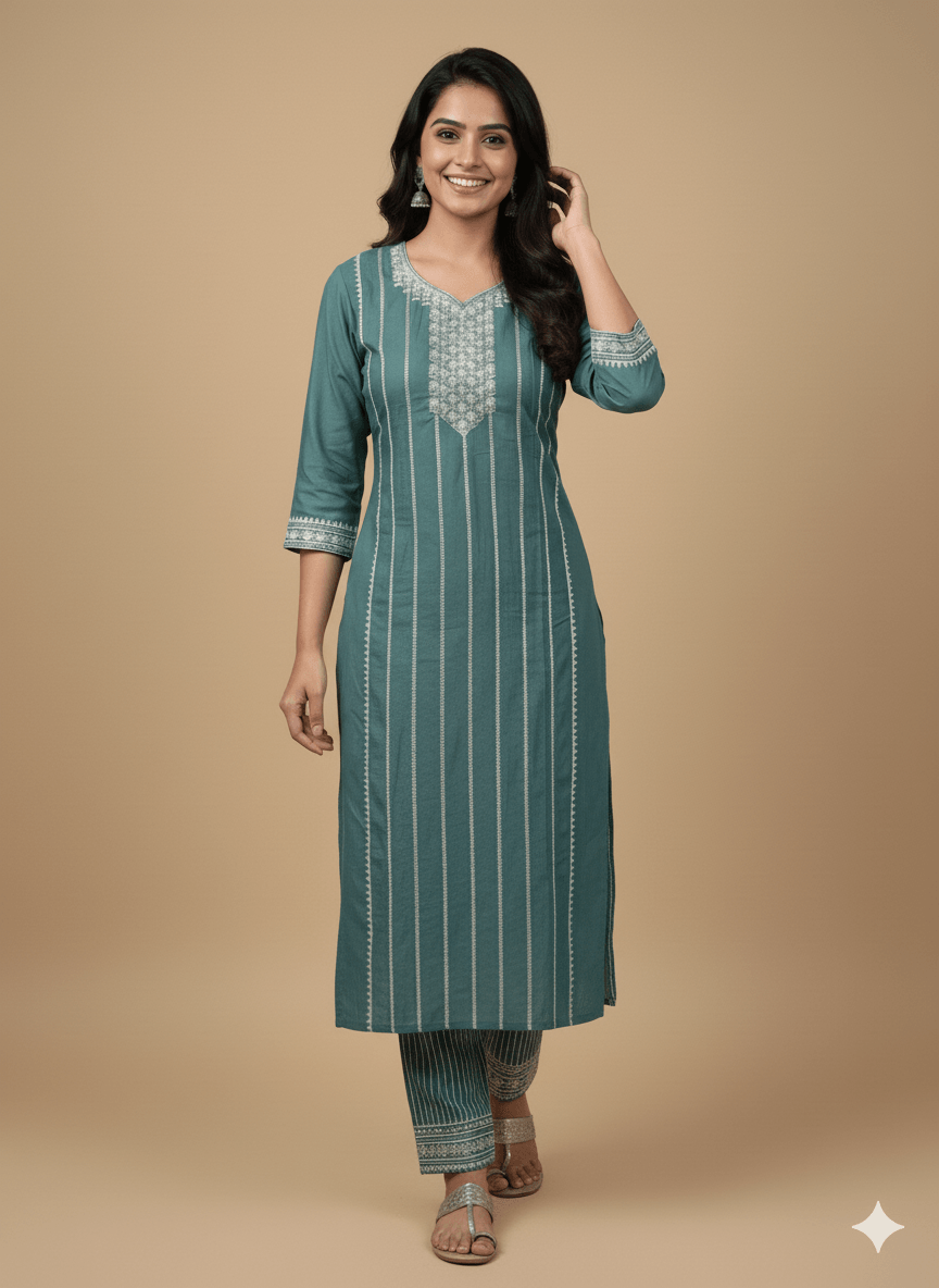 Teal Embroidered Cotton Kurti for Women | Elegant Traditional Daily Wear Kurta