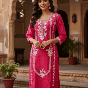Pink Embroidered Cotton Kurti Set for Women | Elegant Traditional Ethnic Wear