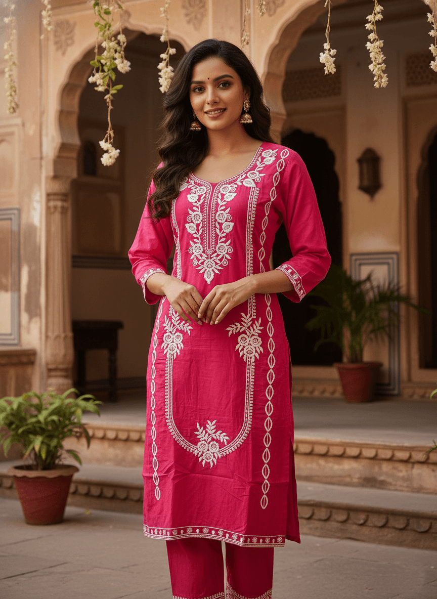 Pink Embroidered Cotton Kurti Set for Women | Elegant Traditional Ethnic Wear