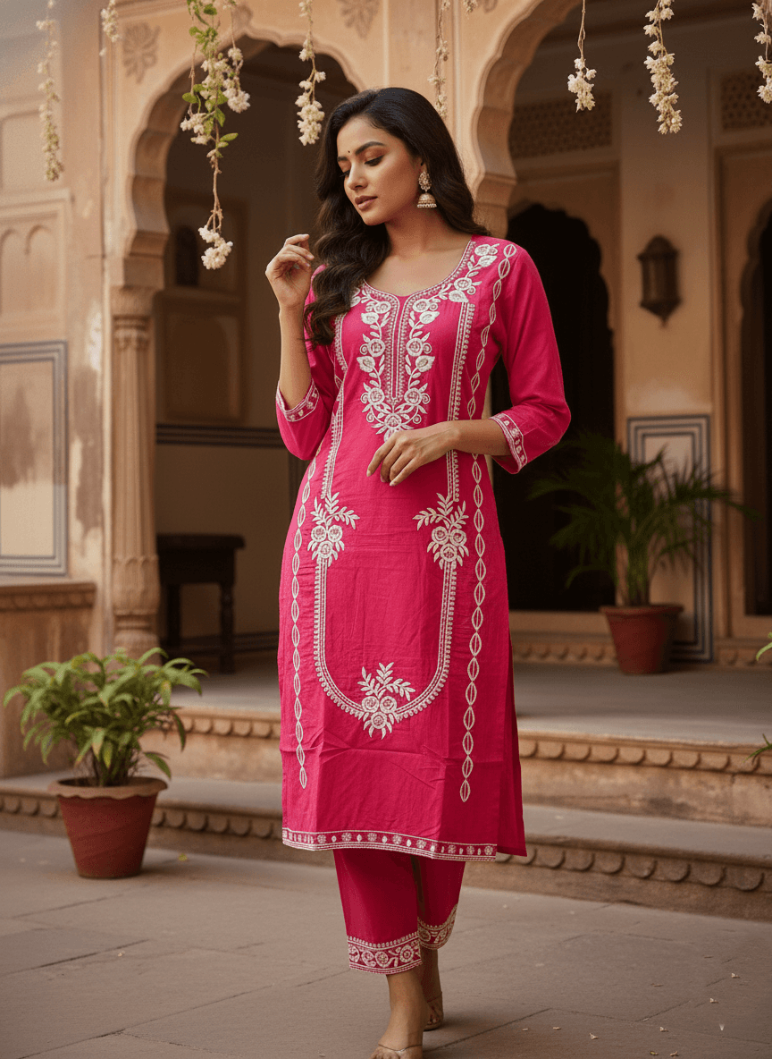 Pink Embroidered Cotton Kurti Set for Women | Elegant Traditional Ethnic Wear