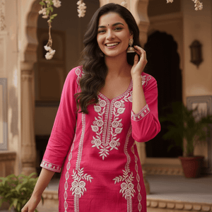 Pink Embroidered Cotton Kurti Set for Women | Elegant Traditional Ethnic Wear